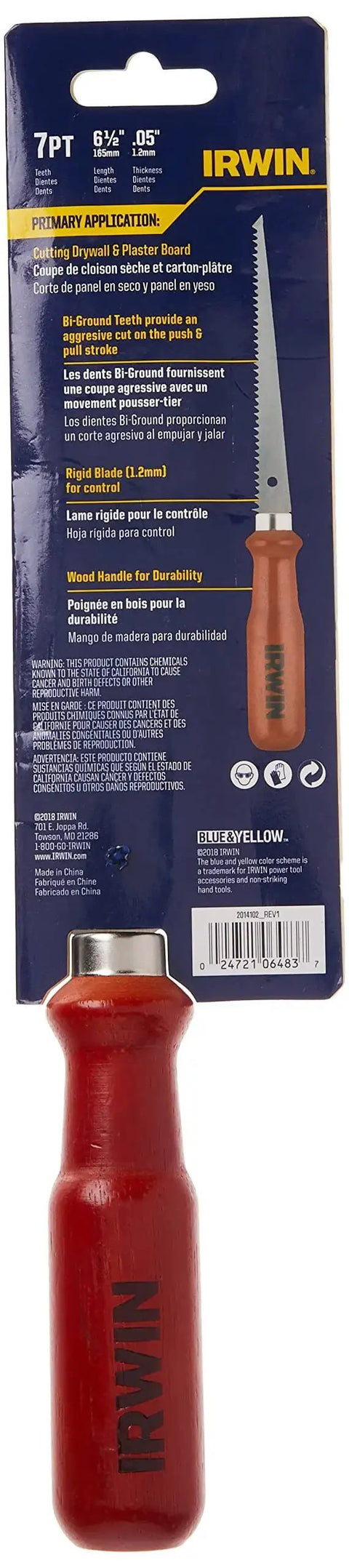 Rugged Drywall Jab Saw With Rigid Blade Bi Ground Teeth And Hardwood Handle For Fast Rough Cuts In Drywall HVAC Plumbing And Electrical Openings By IRWIN Tools, packaging view.