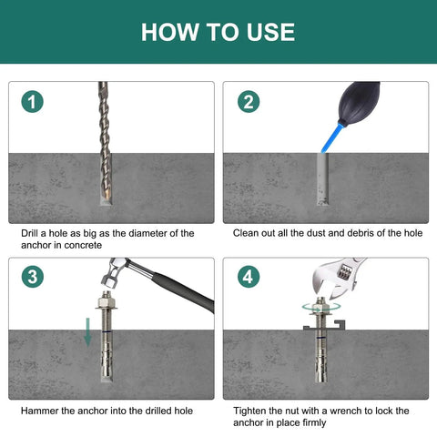 How to use Three Eighths Inch By Three And Three Quarters Inch Concrete Anchors 25 Pack Stainless Steel Wedge Bolts in concrete.