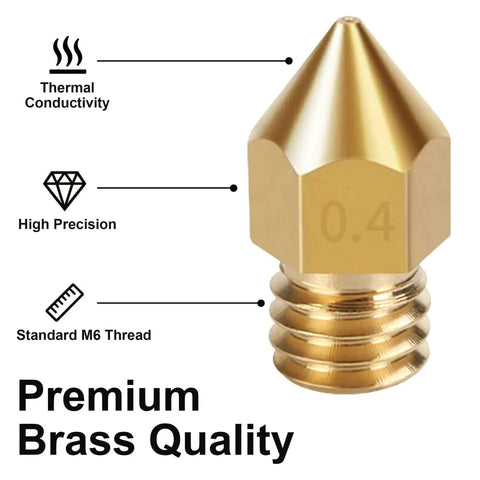 Close-up of MK8 brass nozzle 0.4mm with thermal conductivity, precision, M6 thread for All In One 3D Printer Nozzle Kit With 16 MK8 Brass Nozzles 0.2mm 0.4mm 0.6mm 0.8mm And 1.0mm Plus Wrench Tweezers Cleaning Needles And Storage Case For Ender 3 Pro And CR 10 Series.