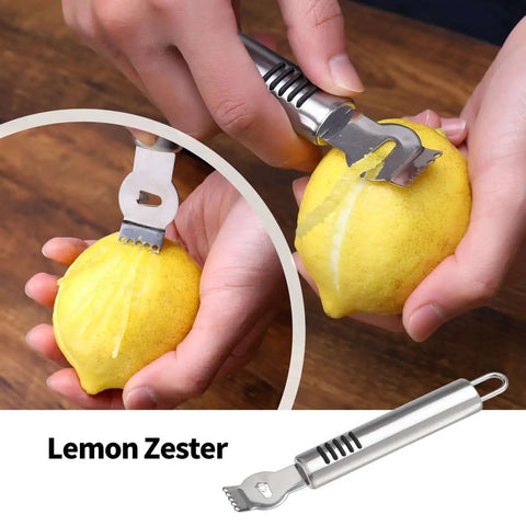 Close-up of a stainless steel lemon zester from the Six Piece Stainless Steel Fruit Carving Knife Set With Melon Ball Scoop V Shape Cutter Lemon Zester Garnish Peeler Crinkle Knife And Wave Knife For Fruit Platters And Vegetable Salads being used on a lemon.
