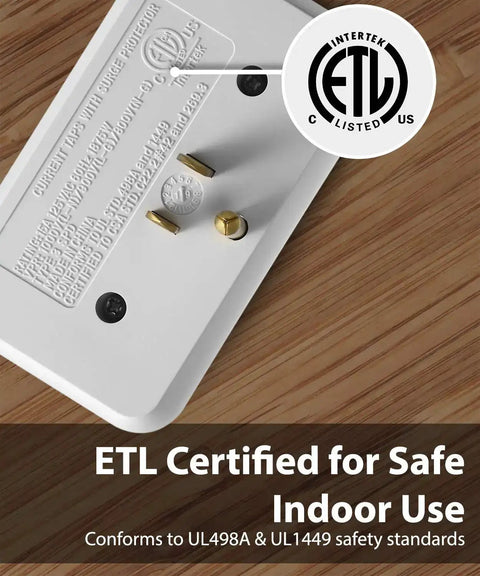 Back view of Refrigerator Surge Protector With 3 Outlets, Heavy Duty Appliance Guard For Fridge, Microwave, Washer, Garage Door And More, 1200J 1875W, 3 Prong, ETL Listed showing its plug.