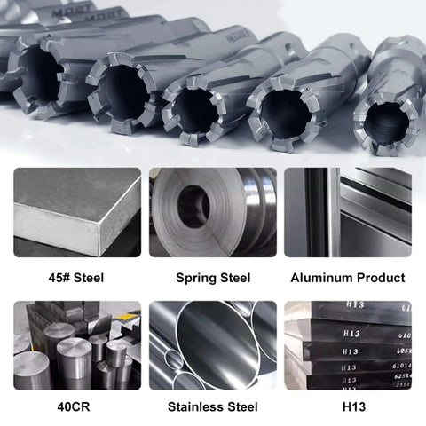 Heavy Duty Annular Cutter Set for Magnetic Drills, Thirteen Piece Carbide Tips, universal shank, shown with compatible metals