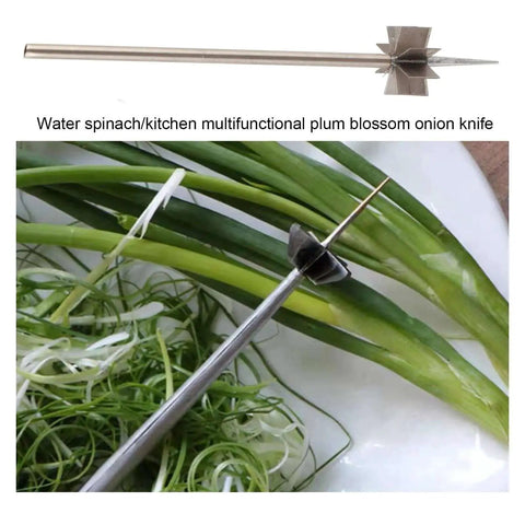 Multifunction Onion Cutter and Veggie Slicer with ergonomic stainless steel blade slicing scallions, side view