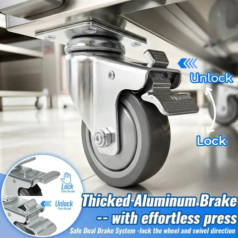 Close-up of 3 Inch Swivel Caster Wheels Set Of 4 With Grey PU Wheels showing brake mechanism on metal structure