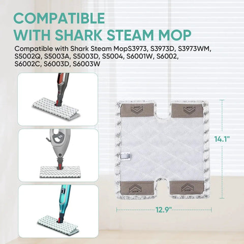 BIHARNT 2-pack steam mop pads for Shark Genius, white diamond-quilted surface
Side view: pad attached to grey steam mop head
Close-up of white diamond-quilted steam mop pad texture
Flat view showing 14.1 by 12.9 inches, Shark Genius compatible steam mop pad