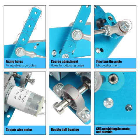 Close-up of DC 12V 24V Linear Actuator With Adjustable Swing Angle, highlighting features like adjustment holes and motor components.