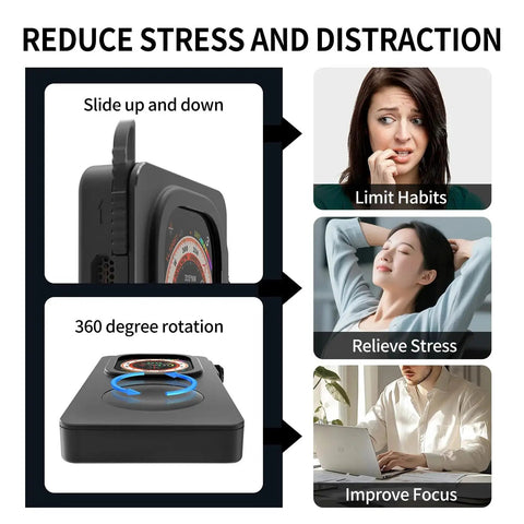 Image showing a black stress-relief gadget with slide and rotate features, alongside people limiting habits, relieving stress, and focusing.