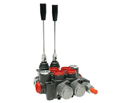Open Center 4 Way Hydraulic Directional Control Valve With 2 Spools Monoblock side view showing handles and ports