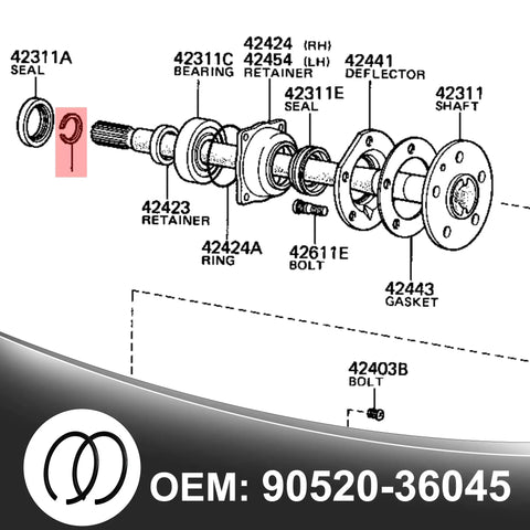 Diagram of a Rear Axle Shaft Snap Ring Set For Toyota 4Runner 1984 Through 2002 Pickup 1979 Through 1995 T100 Tacoma 1995 Through 2004