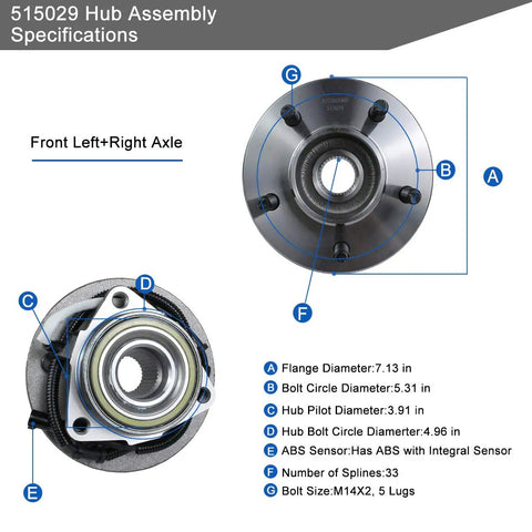 Diagram of Beefy Front Wheel Hub And Bearing Assembly 515029 with specifications for 4x4 Ford F-150 2000-2003 and Heritage 2004.
