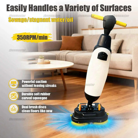 Cordless Electric Floor Scrubber With 360 Degree Steering And 90 Minute Runtime For Restaurant Kitchens, Pro Grade Cleaner in gray, on hardwood floor.