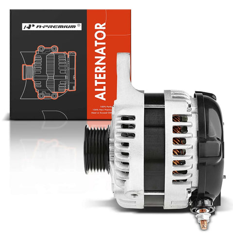 Side view of Heavy Duty 12V 140Amp Alternator For Dodge Grand Caravan 2008 2010 Chrysler Town And Country 2008 2010 And Jeep Wrangler 2009 2011 3.3L 3.8L CW Rotation 6 Groove Pulley Drop In Replacement 4727865AB with packaging