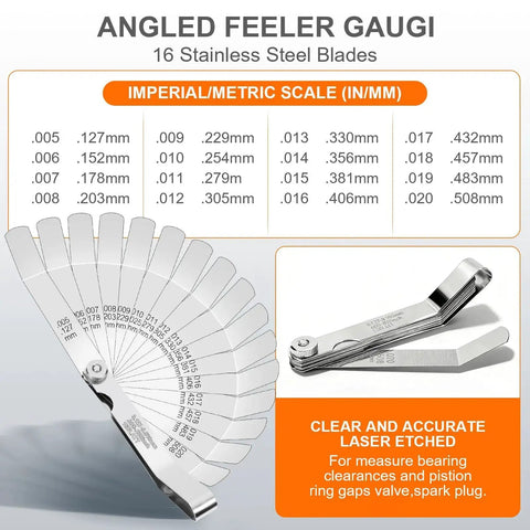 Stainless Steel Feeler Gauge Set With 32 Straight Blades And 16 Angled Blades For Precise Gap And Thickness Measurement And Stackable Blades For Readings Pro Grade For Guitar Setup Spark Plugs Valves Piston Clearance And Auto Marine DIY Projects shown open with measurement chart