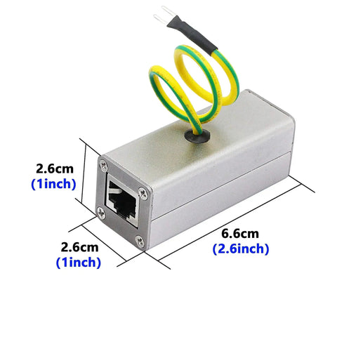 RJ45 Ethernet Outdoor Rugged Surge Protector for PoE Cameras and Switches Grounded SPD Protection Device with dimensions displayed