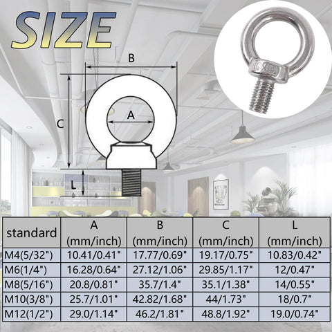Diagram and close-up of 304 Stainless Steel Shoulder Lifting Eye Bolts With Male Thread For Heavy Duty Use Corrosion Resistant 4 Pack M14