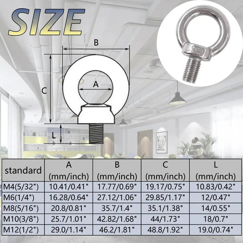 Heavy Duty 4 Pack M10 Lifting Eye Bolts In 304 Stainless Steel size chart, showing dimensions for various standards.