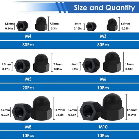 Six Size Hex Acorn Cap Nut Covers Kit For M3 To M10 Bolts, Nylon Screw Caps For Indoor Outdoor Use, 110 Pieces, Size and Quantity Chart