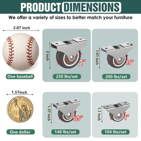 Image showing 2 Inch Rubber Caster Wheels Set Low Profile Fixed and Quiet Rolling Casters for Furniture Drawers Storage Bins and Small Appliances Brown