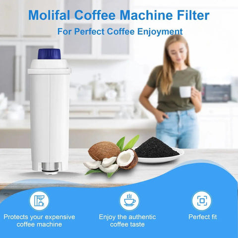 Molifal water filter cartridge for De'Longhi coffee machines, white body with blue top, front view.