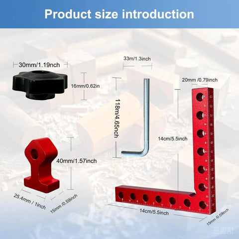 Product size introduction featuring Two-Piece 90 Degree Corner Clamps for Woodworking with detailed measurements.