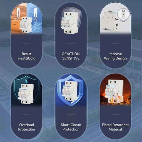 Image of Two Pole DC Circuit Breaker 400V 30A C30 Thermal Magnetic Trip with various features highlighted.