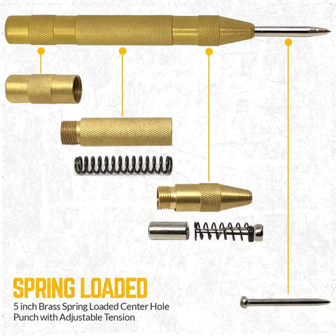 Disassembled brass spring-loaded center hole punch with adjustable tension, showing components like springs and metal tip.