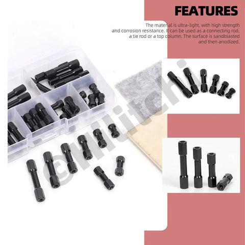 48 Piece Hex Aluminum Standoff Spacer Kit In 6 Sizes M3 Black Hex Columns for drones and DIY builds shown with case
