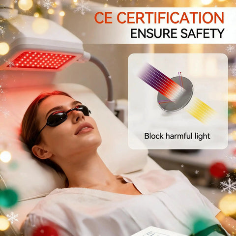 Woman using Red Light Therapy Glasses With Adjustable Fit For Eye Protection During Tanning under red light therapy device