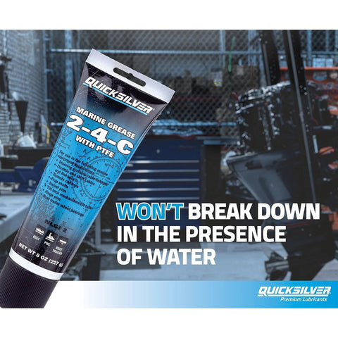 Quicksilver marine grease 2-4-C with PTFE, 8 oz tube, blue packaging for boats