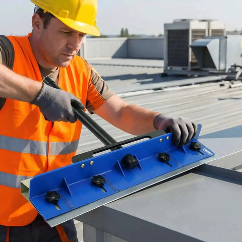 Worker using Go-To Heavy Duty Sheet Metal Bender Hand Tool For Roofing And HVAC, 15.25 Inch Metal Bending Tool on rooftop