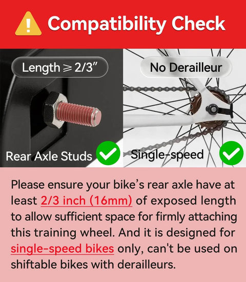 Compatibility check for Built Tough Kids Bike Training Wheels For 12 To 20 Inch Bicycles, showing axle stud and single-speed setup.