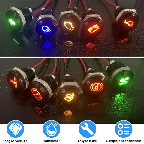 Seven Pack Half Inch 12V LED Indicator Lights Waterproof Metal Dash Signal Lights With 300mm Wires for Vehicles, Front View