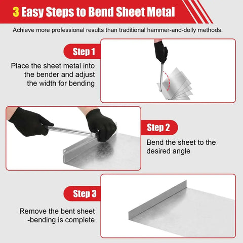 Beefy Heavy Duty 12 Inch Sheet Metal Bender Hand Hemming Tool For 24 Gauge Steel bending process in 3 steps with gloves