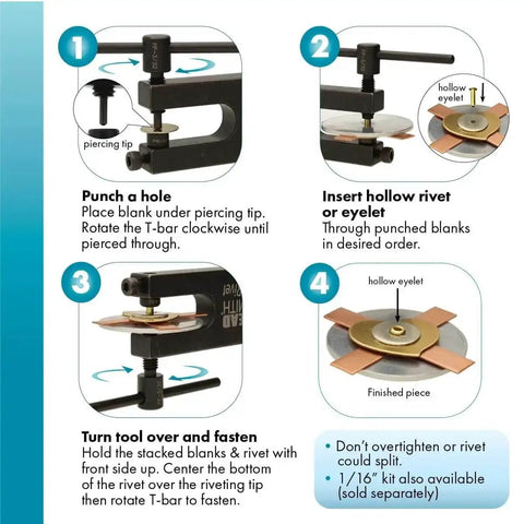 Step-by-step guide using EZ Rivet Piercing And Flaring Kit Maker Friendly With Three Thirty Second Inch T Bar Screws.