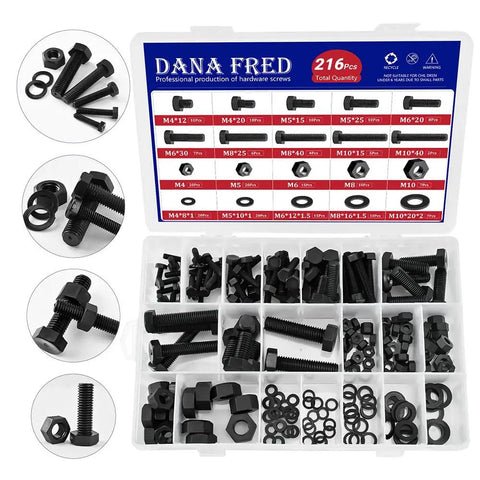 Black Nylon Hex Bolt Nut Washer Kit For Electronics DIY Tinker Friendly 216pcs M4 To M10 Hex Nuts Washers Organized Kit