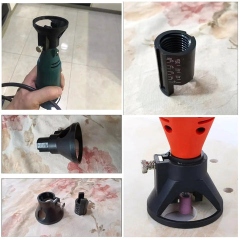 Dual Pack Rotary Tool Guide Router Attachment Locator With Depth Gauge For Precise Cutting Carving Engraving Grinding Milling And Drill Bit Positioning In Woodworking Projects By TorSor, showing various angles and parts.