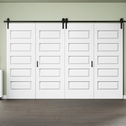 128 By 84 Inch Pre Assembled Bifold Barn Door With Five Lite Bi Fold Sliding Closet Doors And Hardware Kit Included 136 Inch Track Kit For Two Doors Easy To Install Moisture And Warp Resistant Pre Drilled Holes