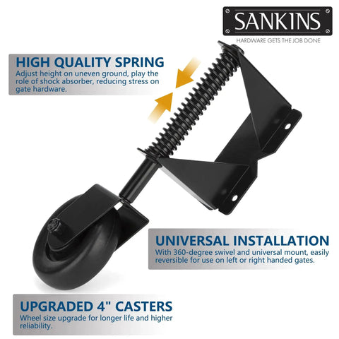 Spring Loaded Gate Caster For Wooden Gates And PVC Fences With 4 Inch Wheel, Heavy Duty Gate Wheel Caster, 360 Degree Universal Mount Plate