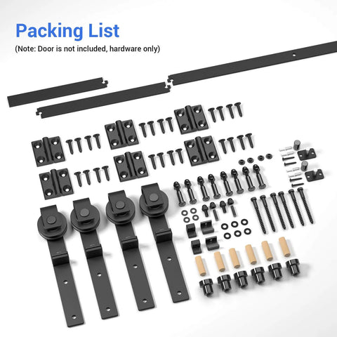 Bi Folding Sliding Barn Door Hardware Kit For Four Doors, 48 Inch Black Track With J Shape Rollers, detailed parts layout