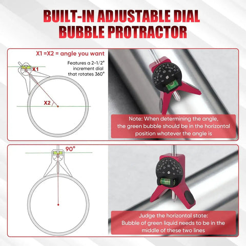 Diagram of Pipe Center Finder With Centering Head For Pipe Fitting Measures Diameter Over 0.5 Inches 4 Inch Y Type Base Adjustable Dial Bubble Protractor Ideal Tool For Centerlines Angles Butt Ins And Tank Work showing use and angle adjustments.