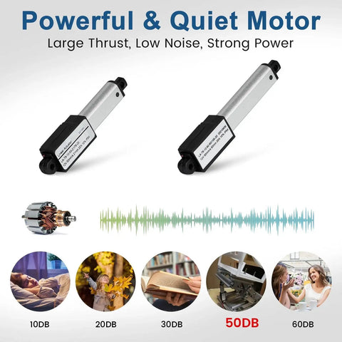 Two silver mini DC electric linear actuators with black end caps, front view.