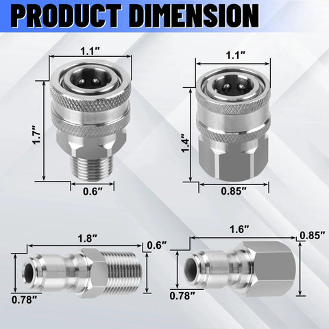 Stainless Steel 3/8 Inch Quick Connect Hose Fittings Set For Pressure Washers, 8-piece M-F 3/8 NPT dimensions diagram
