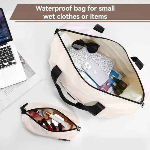 Top view of beige duffle bag and toiletry bag from Expandable 3 Piece Luggage Set For Travel With Spinner Wheels And TSA Lock, accessories shown.