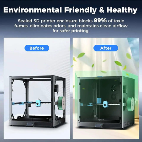 Before and after view of Metal And Tempered Glass Open Enclosure With Drag Chain And Filter Fan For SV08 Max 3D Printer Stable Temperature