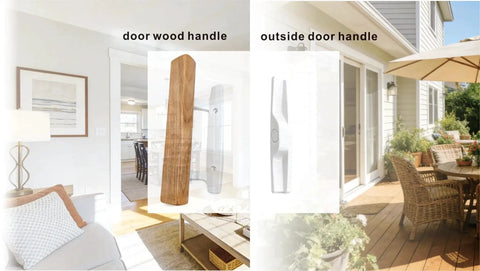 Sliding Patio Door Handle Replacement Set With Wood Interior Pull And White Zinc Diecast Pull And Chrome Plated Brackets Fits Three Point Nine Seven Five Inch Screw Hole Space Non Key Design White Brackets Cost Effective Upgrade For Worn Or Broken Patio, shown with wood and white handles in living room and patio setting.