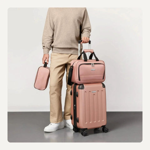 Person holding Versatile Three Piece Travel Set With 22 Inch Expandable Hardside Suitcase Eight Spinner Wheels 15 Inch Tote Bag And 10 Inch Compact Carry On Rose Gold Finish Durable Luggage Set For Weekend Getaways And Business Trips By Amazon Basics.