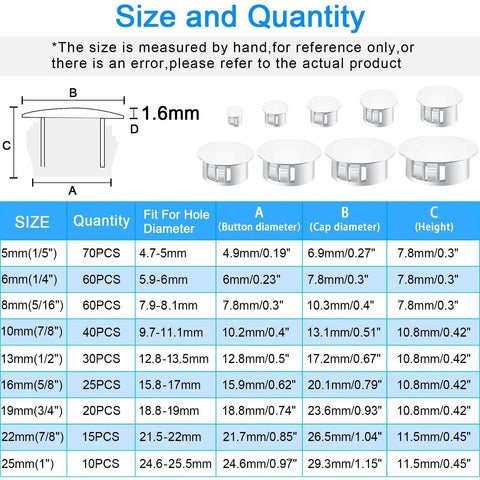 Size chart for 200 Piece White Nylon Hole Plug Set With Nine Sizes From One Fifth Inch To One Inch For Cabinets And Furniture Sealing Holes End Caps