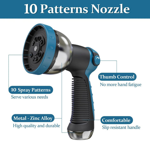 Gnimihz garden hose nozzle in blue and black with zinc alloy body, 10 spray patterns and thumb control