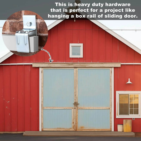 Red barn with close-up inset of 4 Pack Box Rail Hanger Brackets With Bolts For Exterior Barn Door Hardware Heavy Duty Single Wall Mount Rail Bracket Galvanized Steel Slide Track Trolley Use Easy Install Durable Support For Barn Doors installed on wall.