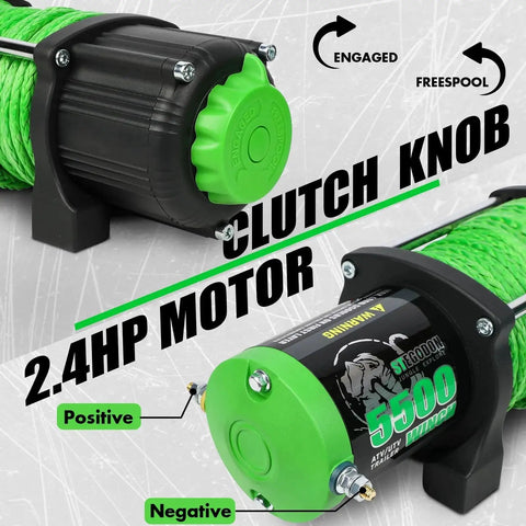 STEGODON 5500 12V ATV/UTV winch with green synthetic rope and black housing, front view.